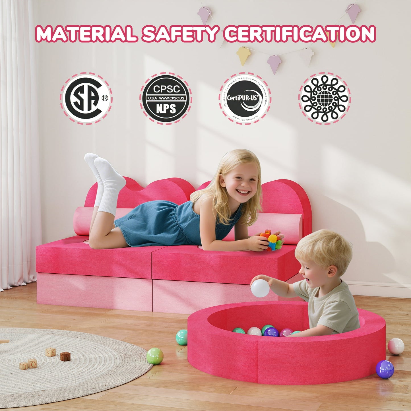 FAGINEY 14PC Modular Kids Play Couch, Foam Couch for Toddlers Set, DIY Toddler Sofa for Forts, for Boys and Girls, Pink