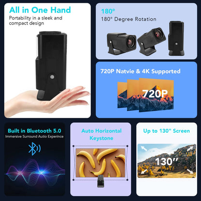 Smart Projector with Android 11.0, Portable Mini Projector with WiFi 6 and Bluetooth, 4K 1080P Full HD Outdoor Movie Projector for Phone/TV Stick/Laptop, Auto Keystone, 180°Adjustable Stand