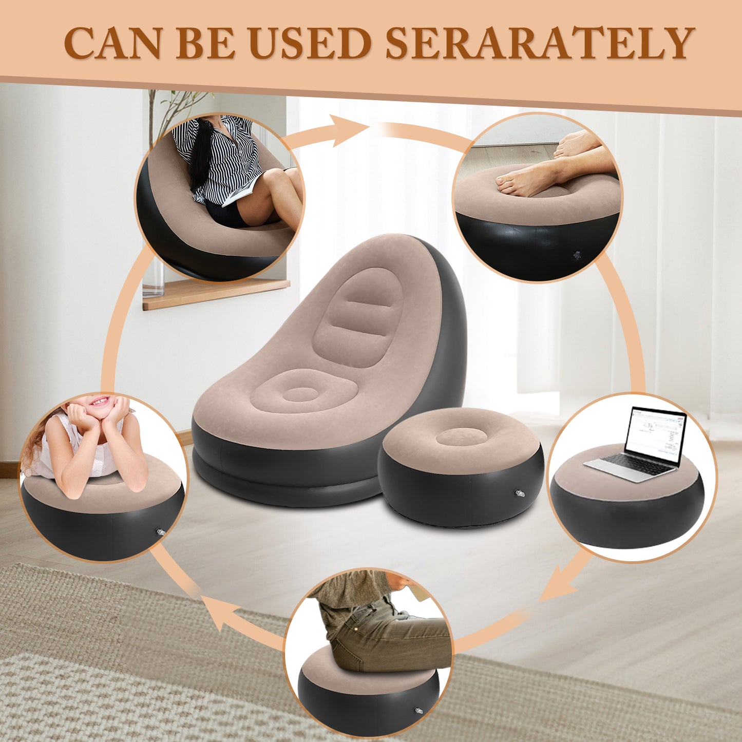 Portable Fast Inflatable Sofa Chair with Foot Stool & Air Pump, Folding Air Chair for Adults for Living Room, Room and Outdoor Camping Use,Coffee
