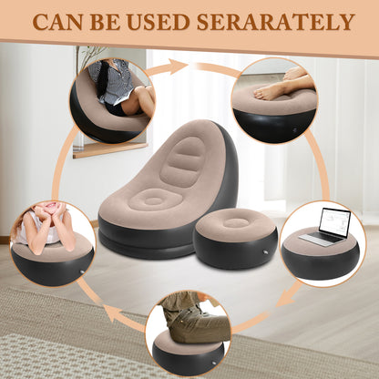Portable Fast Inflatable Sofa Chair with Foot Stool & Air Pump, Folding Air Chair for Adults for Living Room, Room and Outdoor Camping Use,Coffee