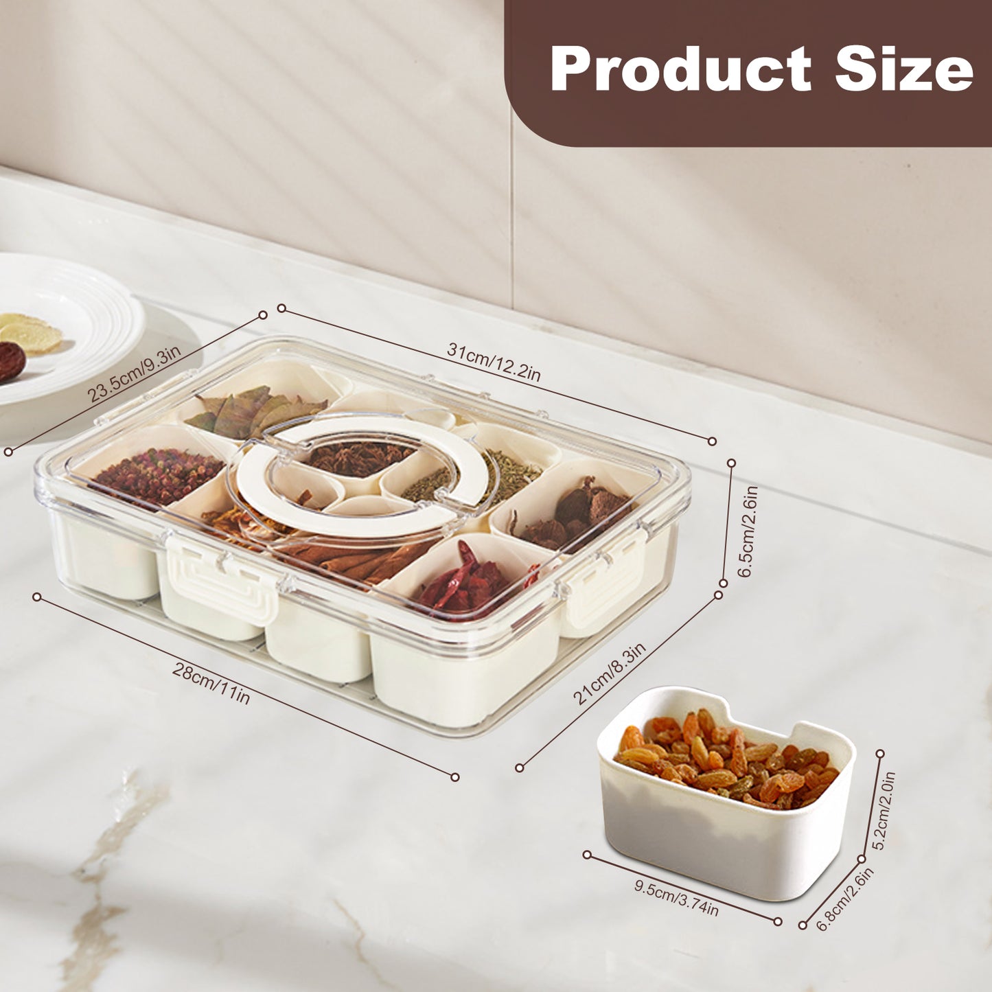 Divided Serving Tray with Handle,8 Compartments Snack Box, Portable Veggie Tray Snack Fruit Tray Portable Snack Platters -Clear Organizer for Candy, Fruits, Nuts, Snacks, Seasoning