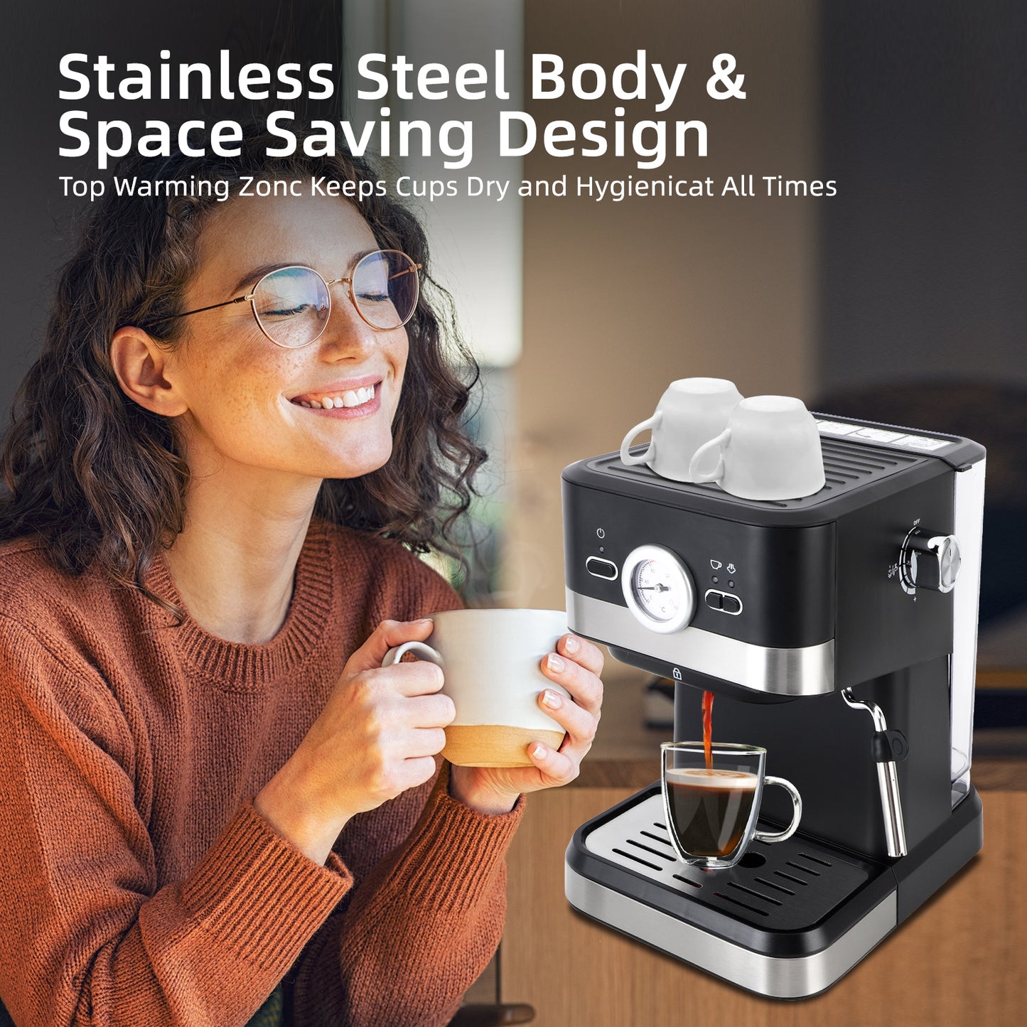 Espresso Machine 20 Bar, 1.5L Water Tank Pressure Gauge Milk Frother Steam, Stainless Steel Coffee Maker for Espresso, Latte, Mocha, Americano, 1050W, Black