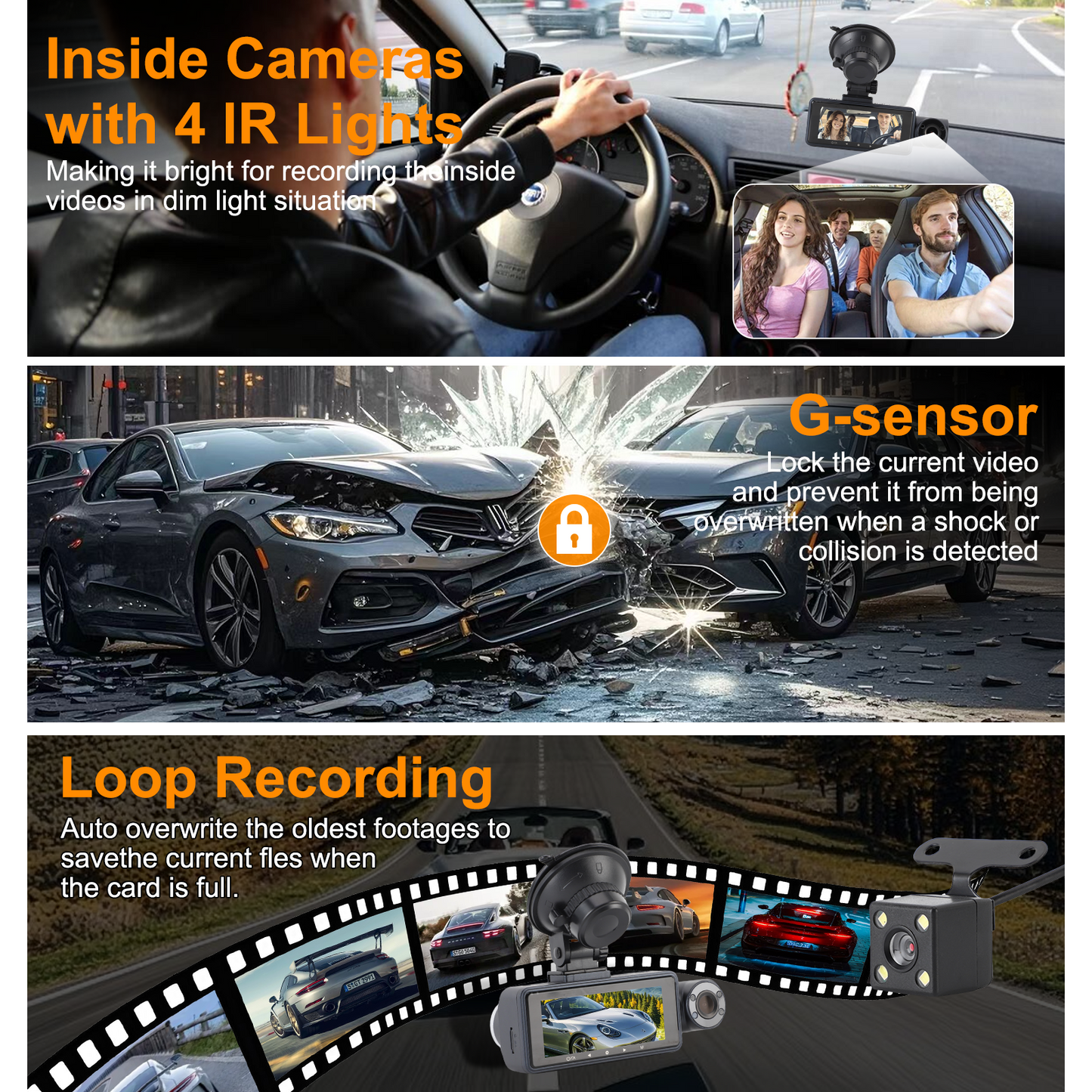 3 Channel Dual Dash Cam, Front Rear 4K/2.5K+1440P 3.16" Full HD With 64GB Card Car Dashboard Recorder IPS Screen ,Night Vision Wide Angle, G-Sensor, 24H Parking, Loop