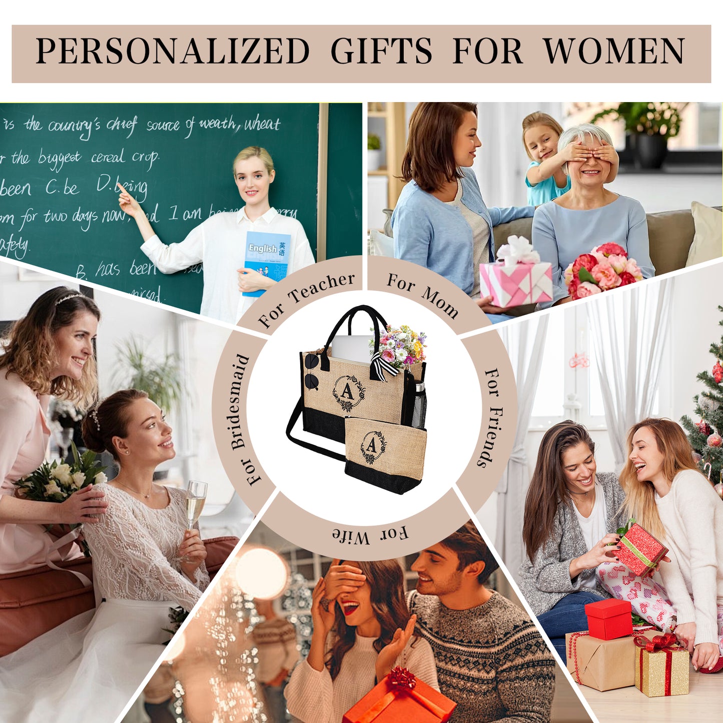 Initial Jute Tote Bag Set for Women, Makeup Bag with Pockets Adjustable Strap, Beach Tote Bag Travel Essential for Mothers Day Birthday Gifts