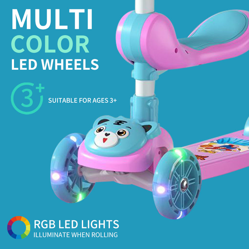 3 Wheel Scooter for Kids, Foldable Kids Kick Scooter with Adjustable Height and Light Up Wheels, Green Kids Scooter with Rear Brake and Music, Ride on Toys for for Girls Boys Kids Ages 3 and up