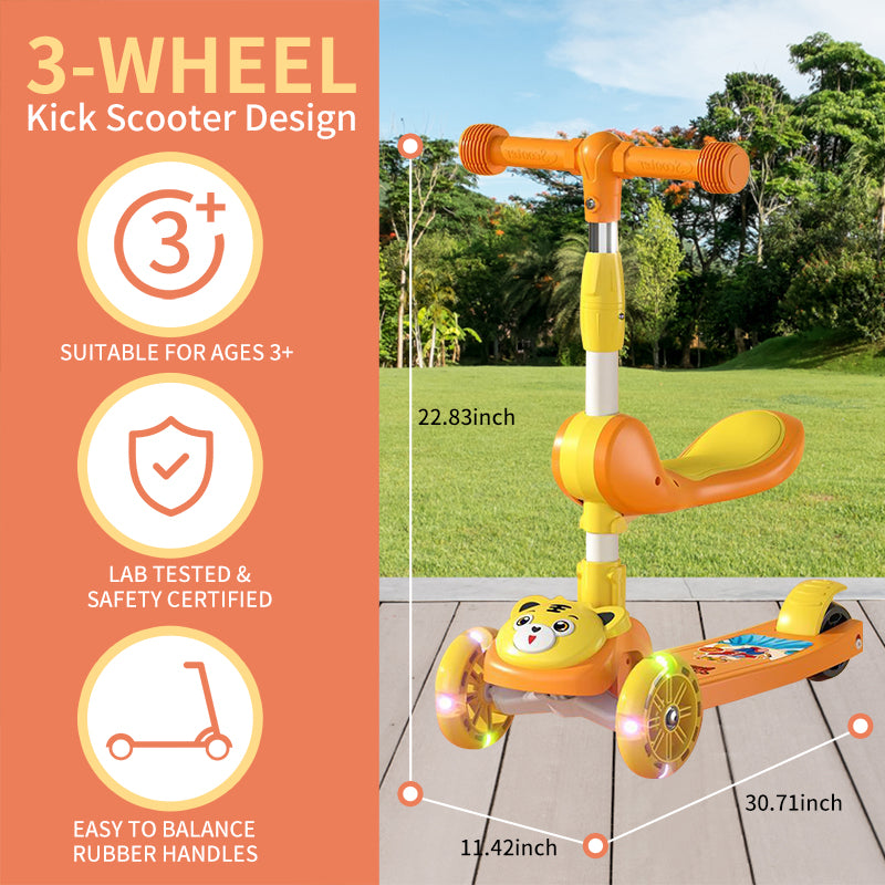 3 Wheel Scooter for Kids, Foldable Kids Kick Scooter with Adjustable Height and Light Up Wheels, Blue Kids Scooter with Rear Brake and Music, Ride on Toys for for Girls Boys Kids Ages 3 and up