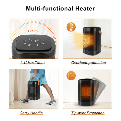 Space Heater with Adjustable Thermostat, 70° Oscillating Portable Electric Heater, 1500W Ceramic Desktop Heater with 1-12 Timer and 3 Speed Adjustable for Home