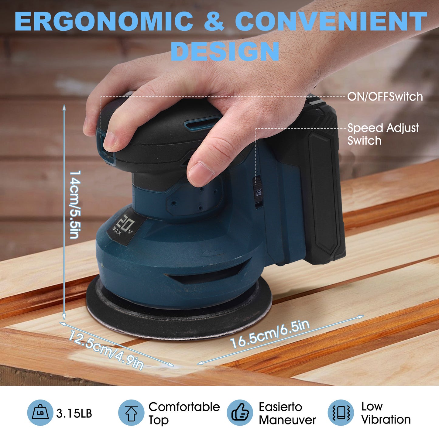 20-Volt 5" Cordless Random Orbit Sander And Dust Bag With 2.0A Battery & 12Pcs Sandpaper