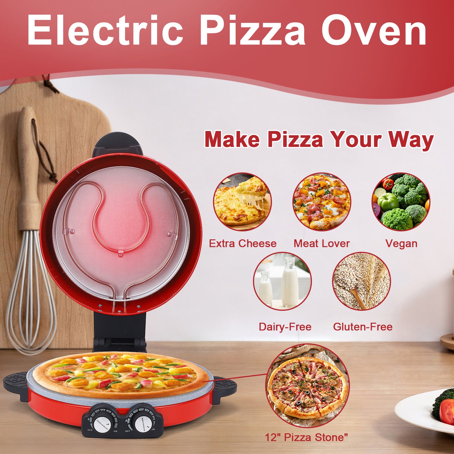 Pizza Oven 12" Visual Window Pizza Maker Machine 1800W Pizza Cooker For Kitchen Countertop Dual Temperature Control Up To 440 Degrees Celsius Red