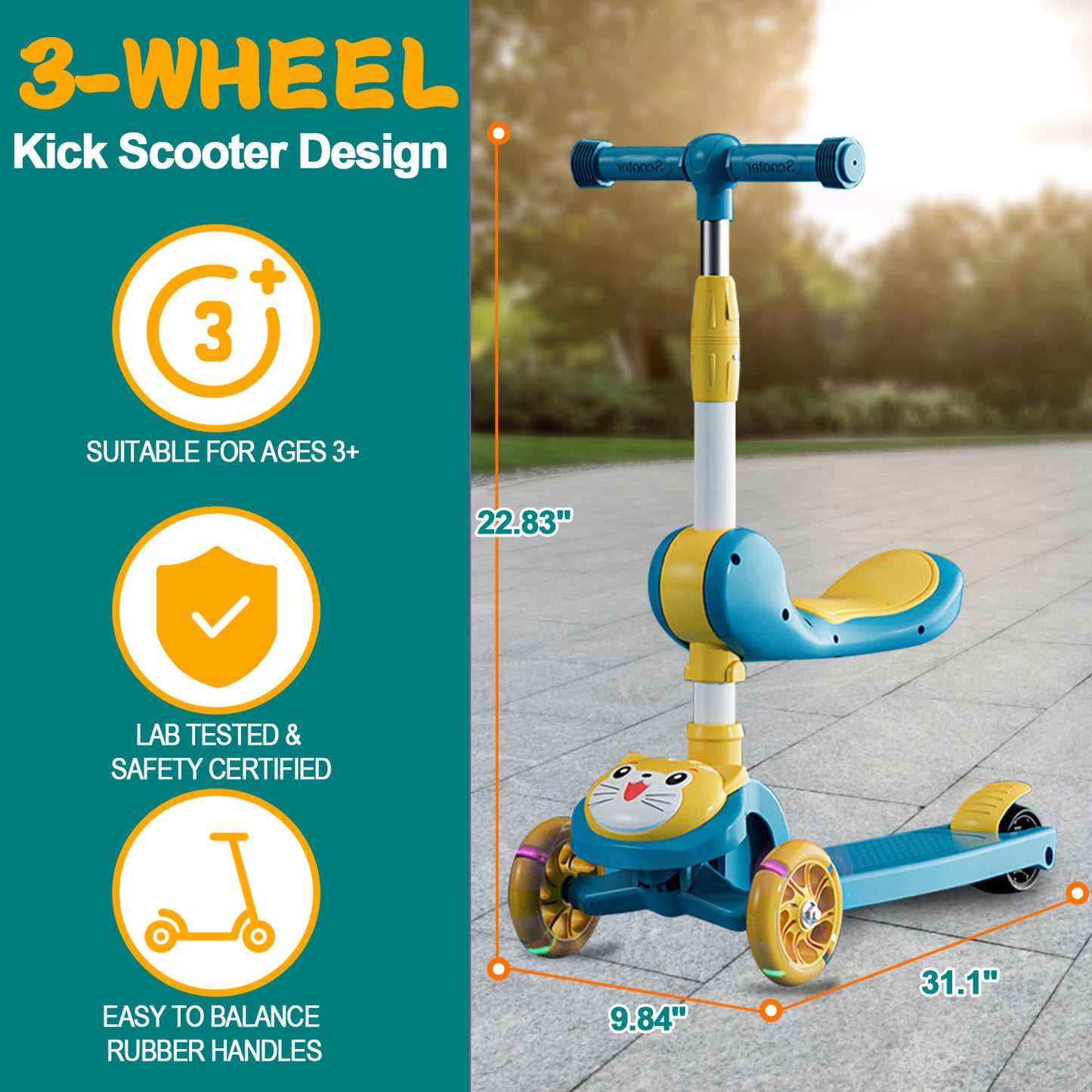3 Wheel Scooter for Kids, Foldable Kids Kick Scooter with Light Up Wheels and Foldable Seat, Kids Scooter with Adjustable Height, Rear Brake and Music, Ride on Toys for for Girls Boys Kids 3 YO & up