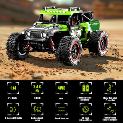 RC Cars 1:14 4WD High Speed Remote Control Truck 60+km/h Fast All Terrain Off Road RC Truck Toy Gifts for Kids Adults, 2 Batteries