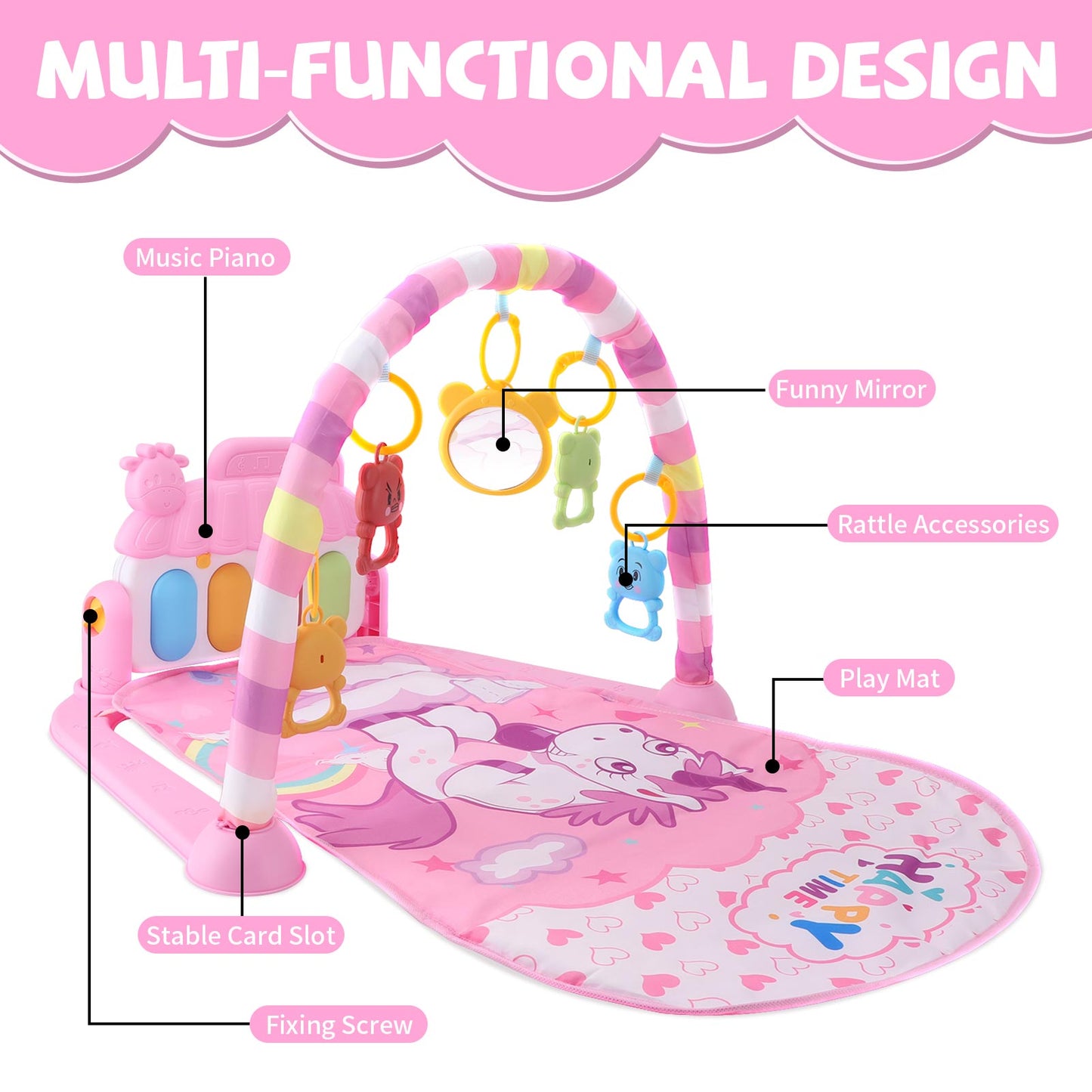 Baby Play Mat with Piano, Musical Activity Fitness Gym for Newborn, Infant Playmat Piano Suitable for 0-3 Year Boys and Girls Tummy Time, Pink