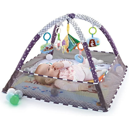 Baby Floor Gym Play Mat & Ball Pit for Newborn to Toddler 0-12 Months Infant Baby Activity Gym Play Mat with 5 Rattles Toys for Sensory and Motor Skill Development (Include 18 Balls)