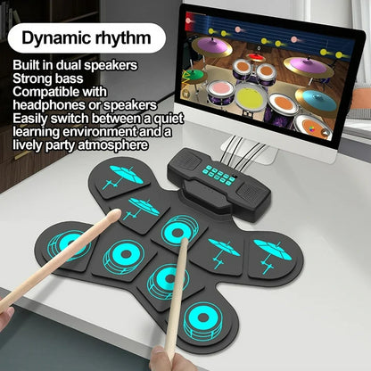 Electronic Drum Set Roll Up Electric Drum Quiet Drum Pad with 10 Demo 10 Tunes, Built-in Stereo Speakers, Foot Pedals, Sticks, Perfect Gift for Boys Girls, Adults and Beginners