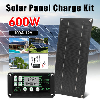 600W Solar Panel Kit, 12V 100A Solar Charge Controller Dual USB Outputs Portable Waterproof Solar Panel Set for Boat Camping Motorcycle Home Outdoor Lights RV Camera Generators, Black