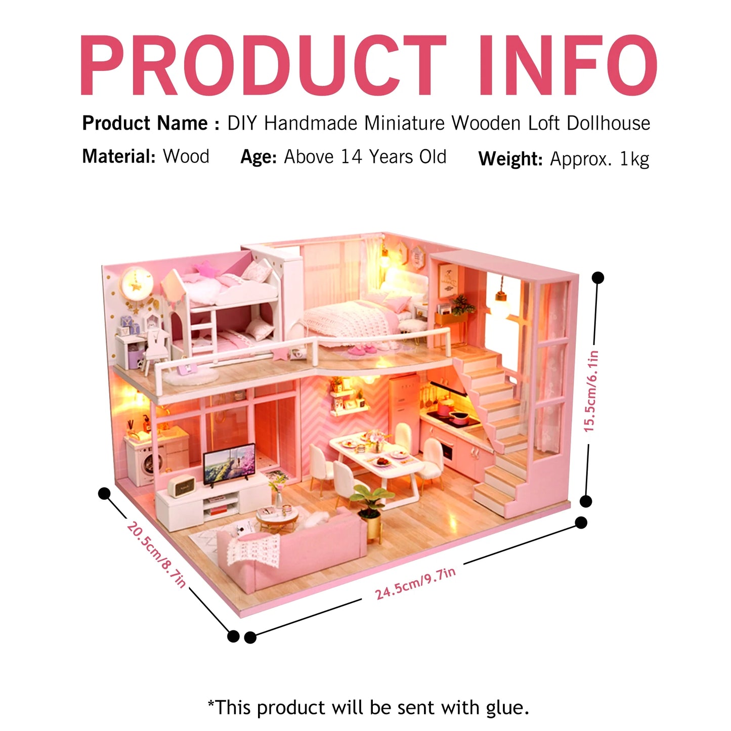 DIY Miniature Dollhouse Kit Realistic Mini 3D Wooden Loft Doll House Apartment with Furniture LED Lights Children's Day Birthday Gift Christmas Decoration