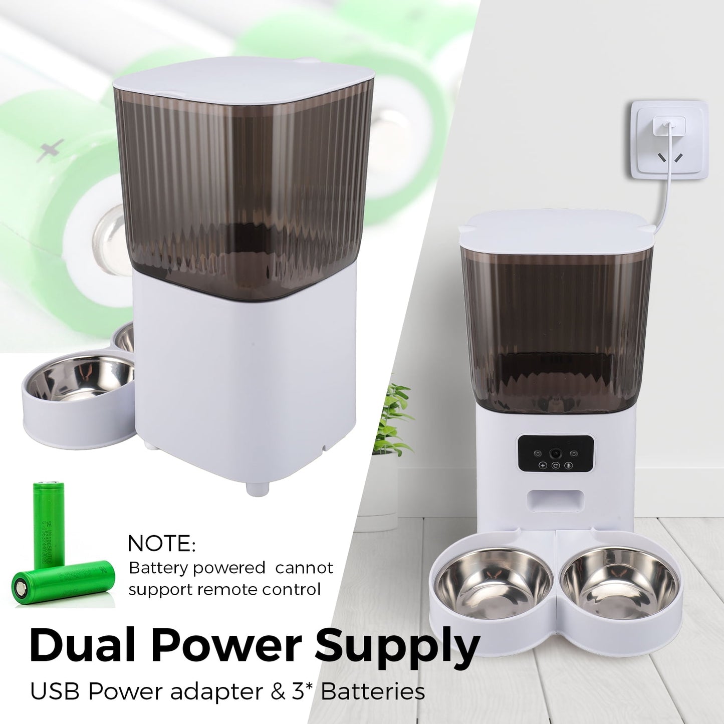 Smart Camera Automatic Cat Feeder for 2 Cats, 5L Food Dispenser with 2 Stainless Steel Bowl,Timed Programmable 1-6 Meals Control, Dual Power Supply,10s Meal Call, APP Control