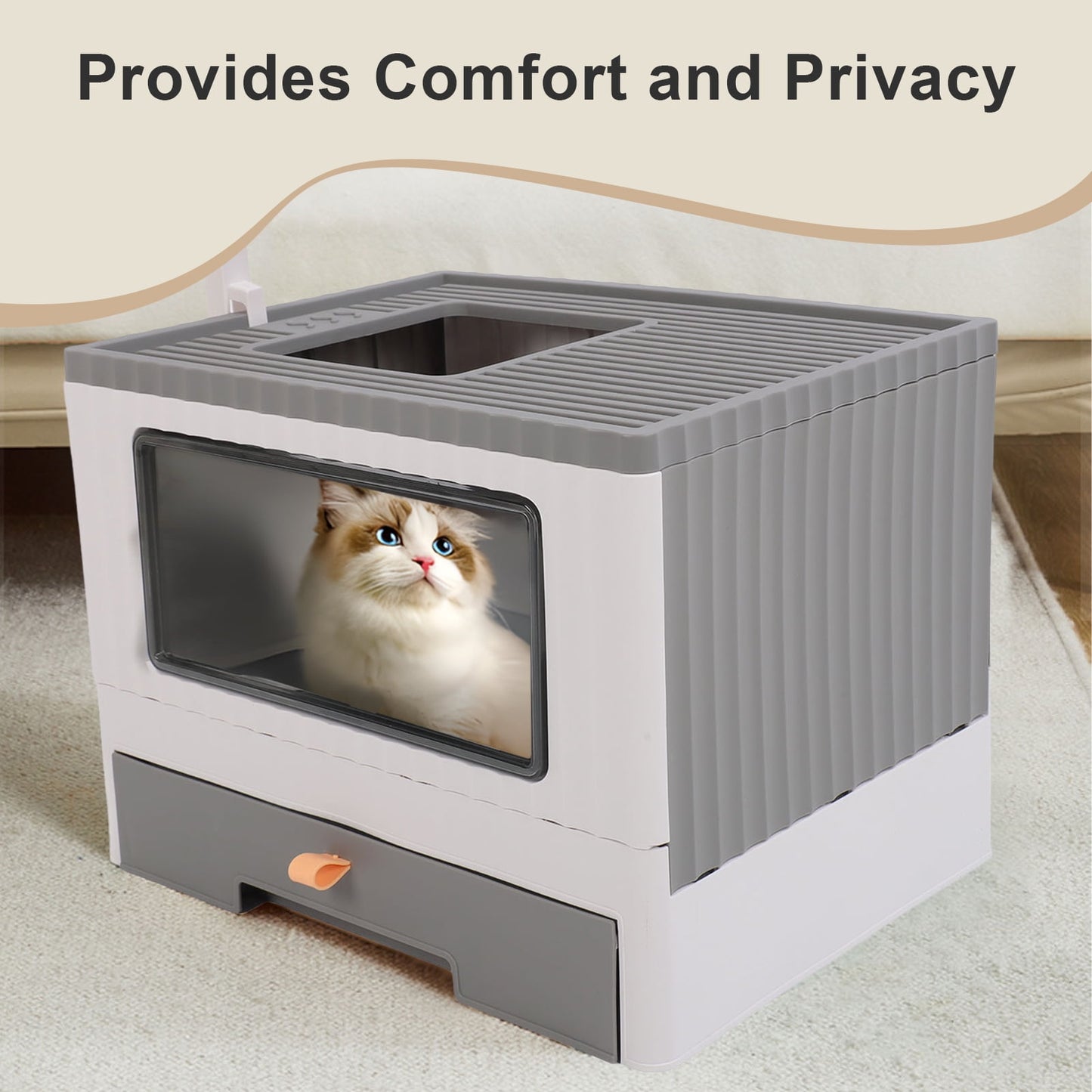 Enclosed Cat Litter Box Large with Lid Cover&Litter Scoop Foldable Cat Toilet Cat Self-Grooming Side Panel w/ Easy Cleaning Tray