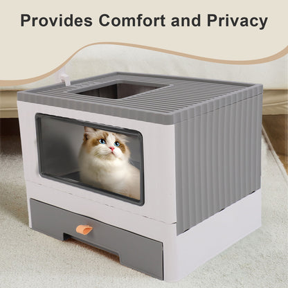 Enclosed Cat Litter Box Large with Lid Cover&Litter Scoop Foldable Cat Toilet Cat Self-Grooming Side Panel w/ Easy Cleaning Tray