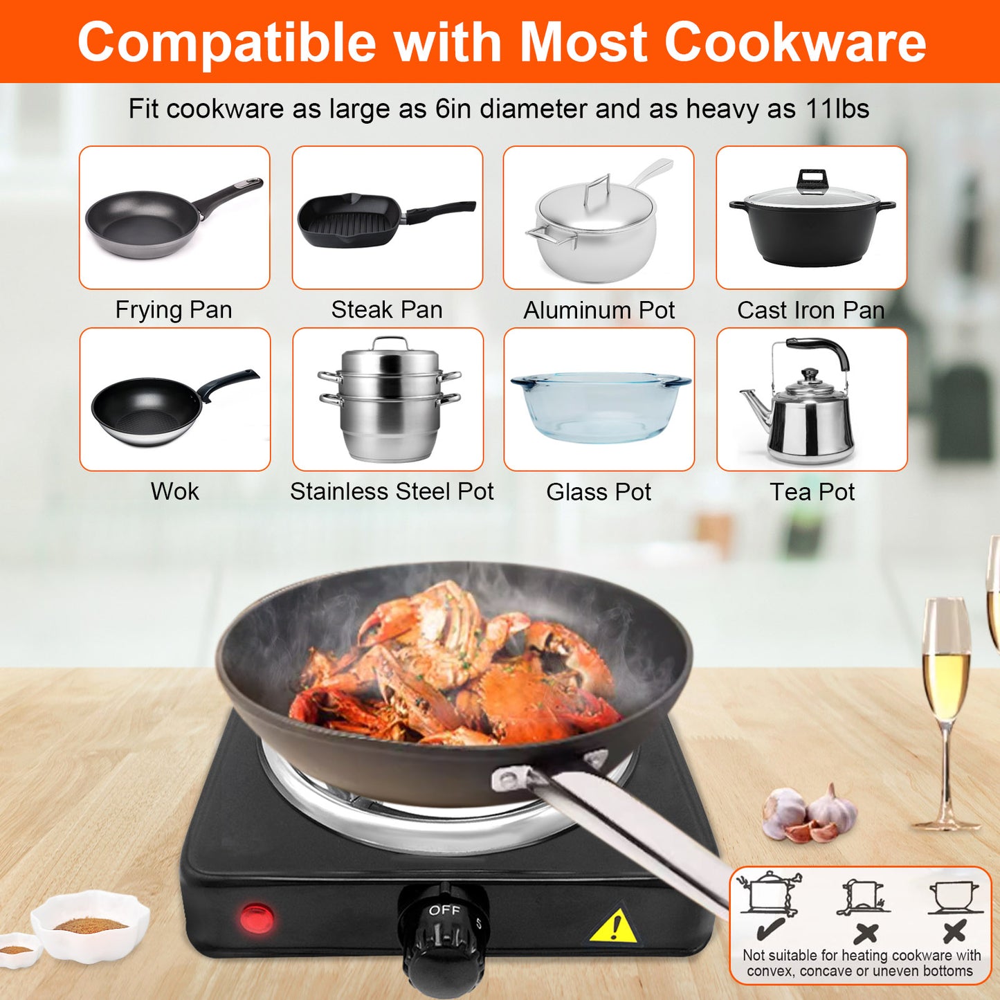 Electric Hot Plate for Cooking, 1000W Electric Burner with 5 Level Temperature Control, Portable Stove for Home Dorm Office Kitchen Camping Single Burner Stainless Steel Electric Cooktop, Black