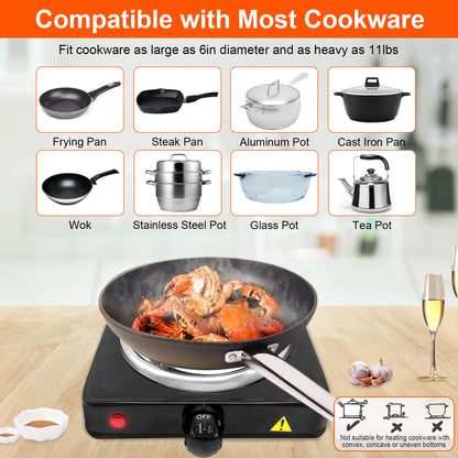 Electric Hot Plate for Cooking, 1000W Electric Burner with 5 Level Temperature Control, Portable Stove for Home Dorm Office Kitchen Camping Single Burner Stainless Steel Electric Cooktop, Black