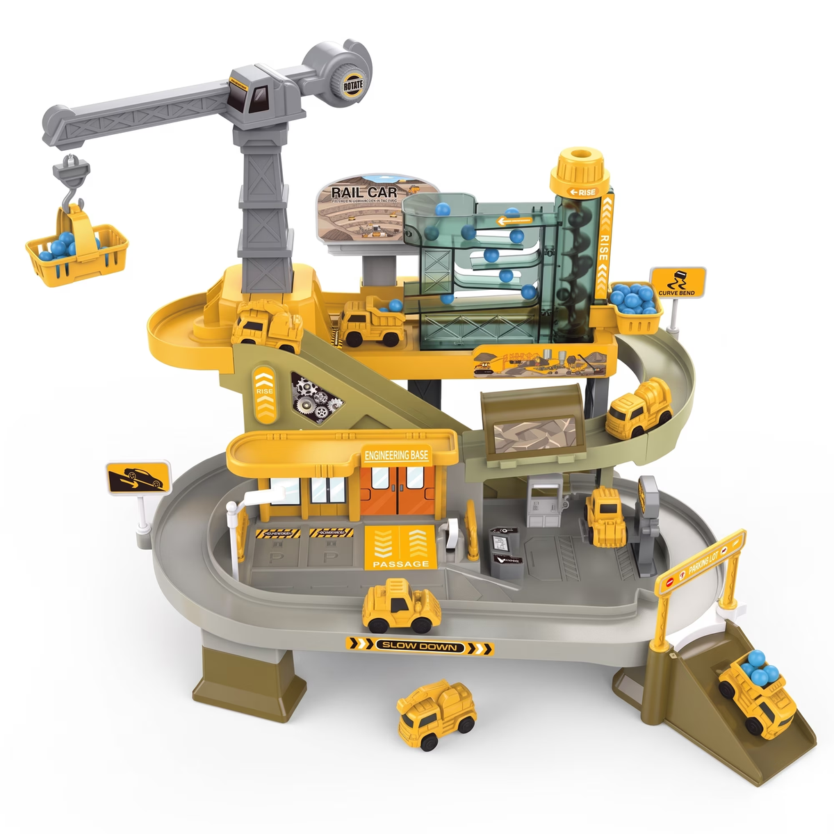 Engineering Truck Track Set, Mining Obstacle Course Parking Garage Toy with 4 Die-Cast Cars, Electric Climbing Rail, Music & Lights, Construction Crane Playset, Gift for Boys Ages 3-6