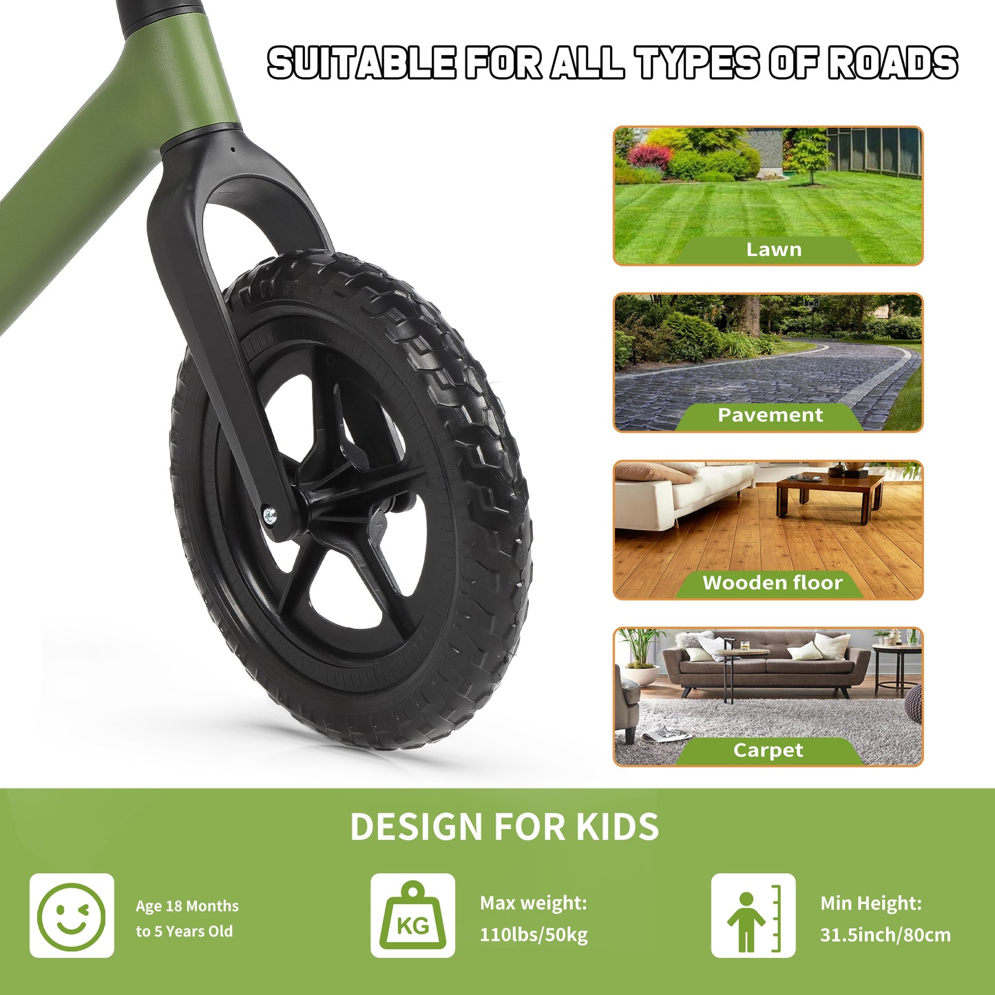 12" Balance Bike for Kids Toddlers Age 18 Months to 5 Years Old Boys Girls Baby Balance Bike Bicycle Gift for 2-4 yrs Old, Green