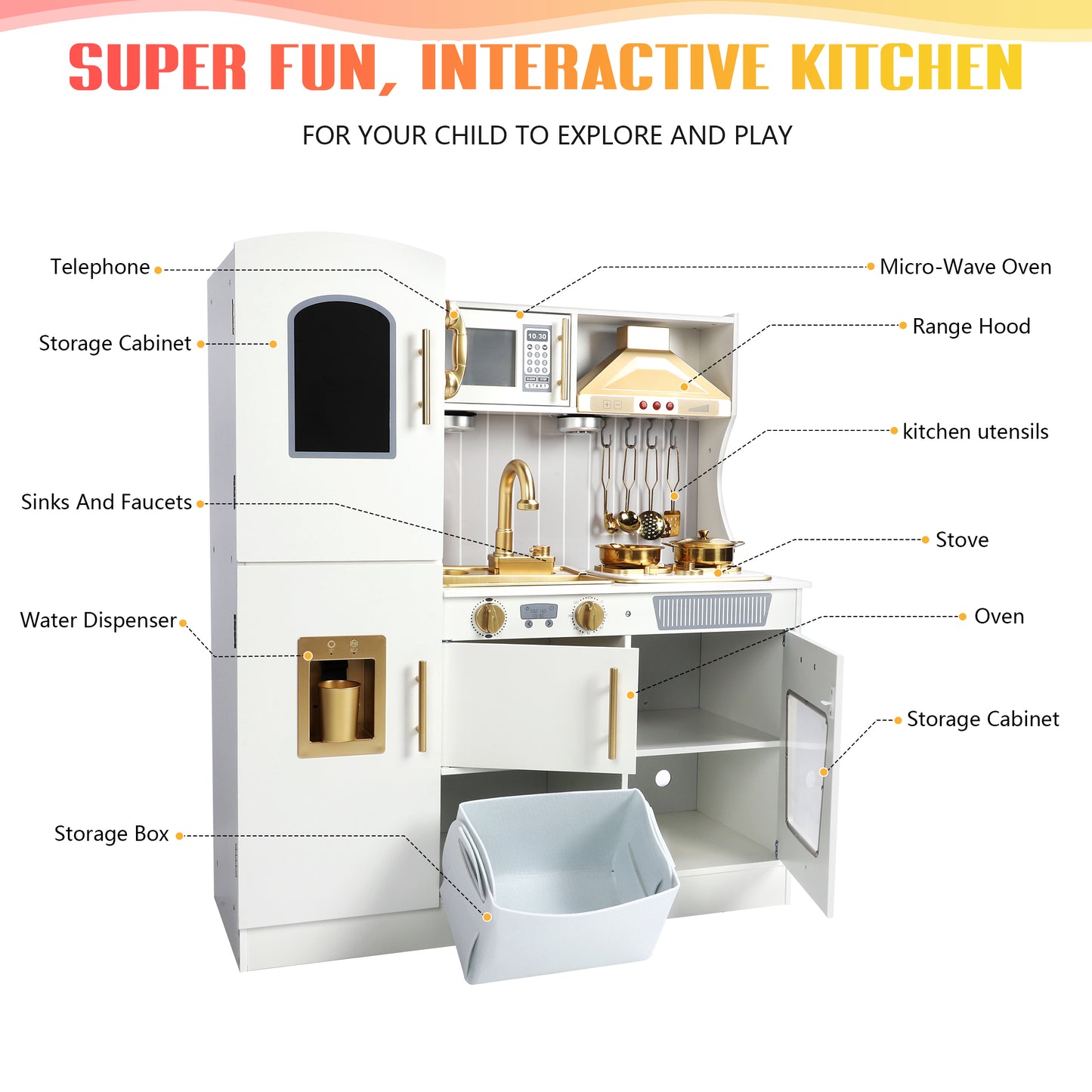 Wooden Kids Kitchen Playset with Running Water Lights & Sound, Play Kitchen Pretend Play Toy Set for Toddler 3-6 Years Boy and Girl