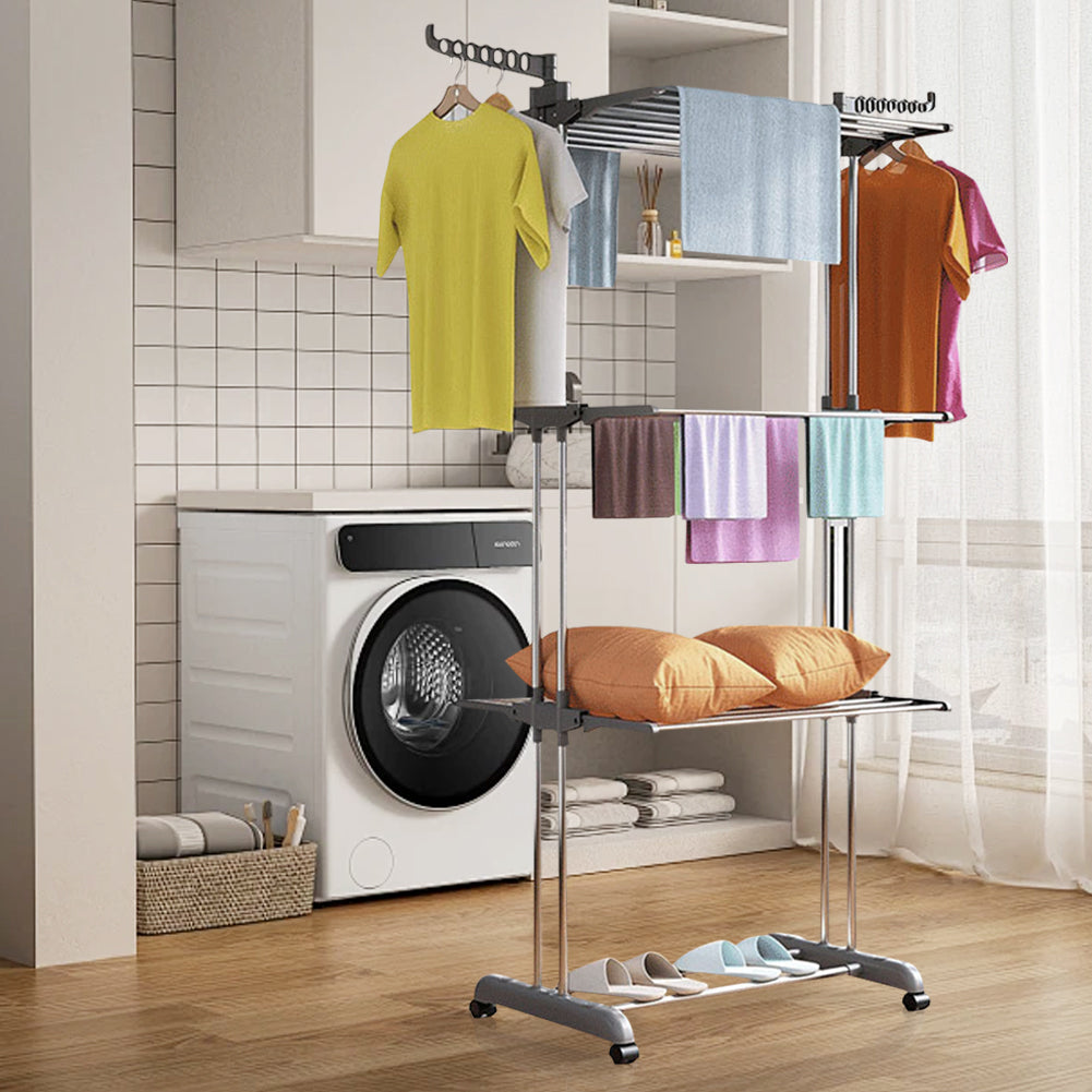 4-Tier Clothes Drying Rack w/ Casters, Clothes Dryer Hanger Stainless Steel Garment Laundry Racks Movable with Foldable Indoor Outdoor Bedroom Balcony