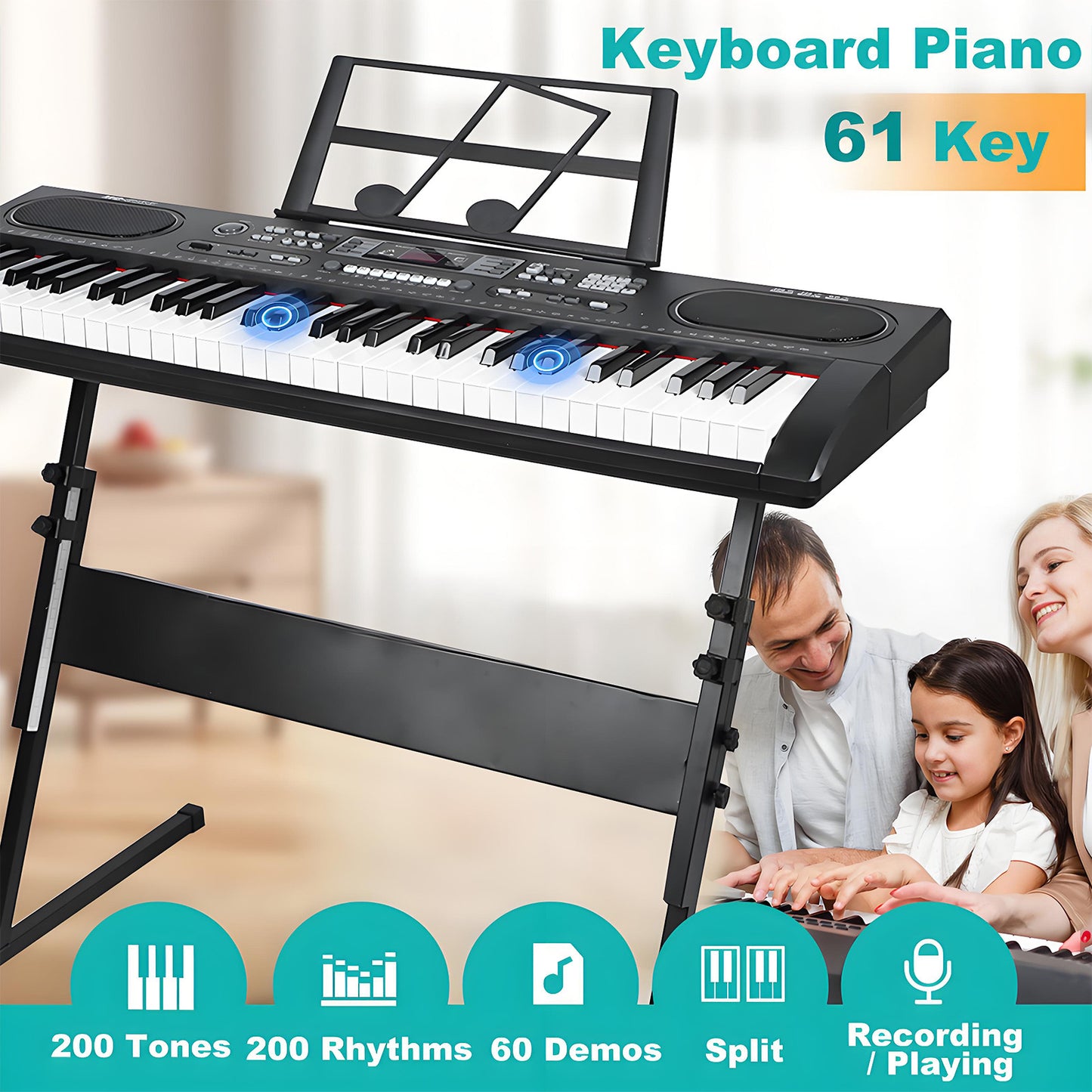 61 Keys Digital Electronic Keyboard Piano Set with Piano Stand, Built In Speakers for Beginners