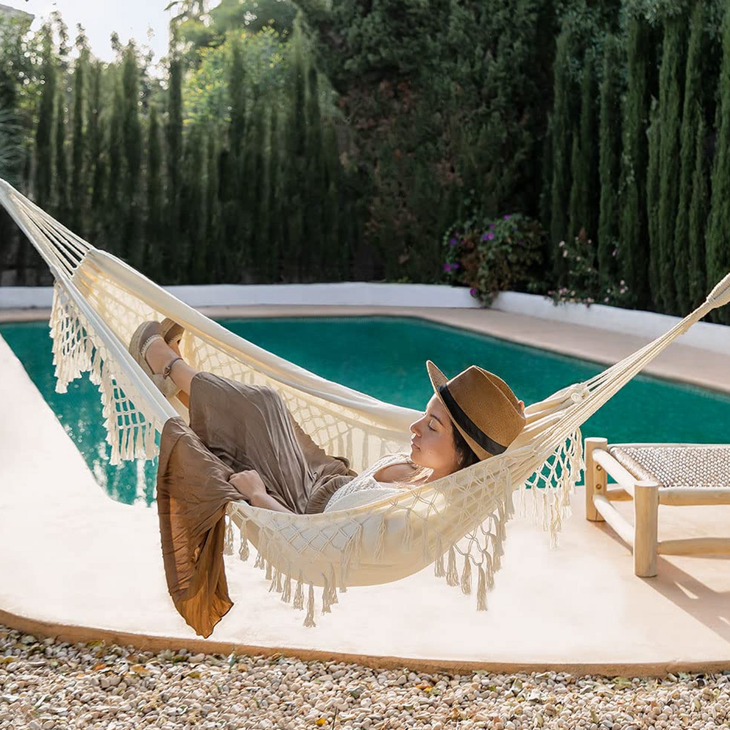 Double Hammock,2-Person Canvas Solid Wood Tassels Fishtail Knitting with Mounting Straps & Curved Rod & Carrying Bag for Outdoor Camping Patio Balcony, Beige