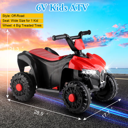6V Ride on Toys, Kids Ride on ATV with LED Lights, Music, Horn, Electric Cars for Kids with High/Low Speed, Battery Powered Ride on Cars for Girls Boys 3-5 Years Old, Ideal Birthday Gift, Black+Red