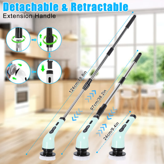 Cordless Power Scrubber with Extension Handle & 9 Replaceable Heads,Shower Cleaning Brush Household Tools for Bathroom & Tub & Tile Floor
