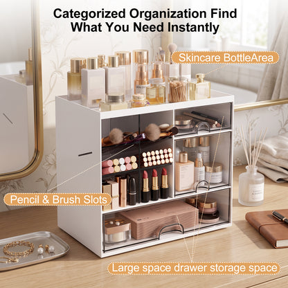 Makeup Organizer with Drawers for Vanity,Bathroom Countertop Organizer with Brushes Holder,Plastic Skincare Storage Organizer,Cosmetic Display Case Gift for Women Girl Mom