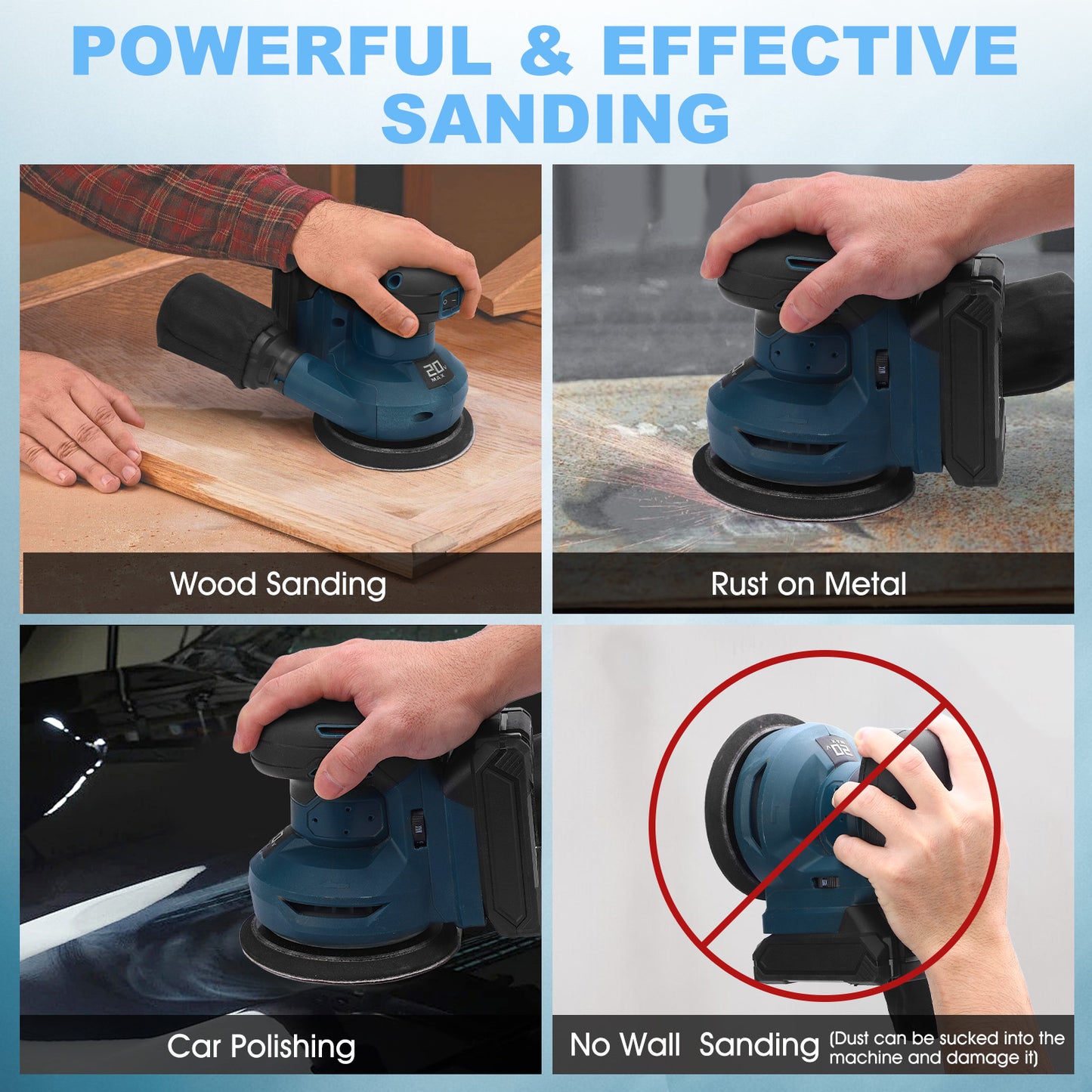 20-Volt 5" Cordless Random Orbit Sander And Dust Bag With 2.0A Battery & 12Pcs Sandpaper