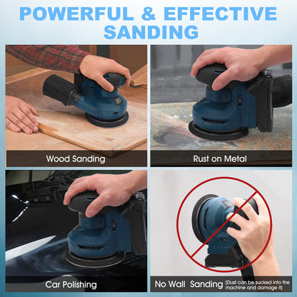 20-Volt 5" Cordless Random Orbit Sander And Dust Bag With 2.0A Battery & 12Pcs Sandpaper