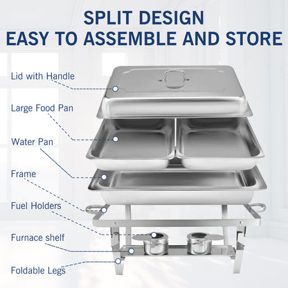 11.6 QT Stainless Steel Rectangular Chafing Dishes 2 Compartment for Buffet, Warmers Sets for Parties, Events, Wedding, Camping, Dinner