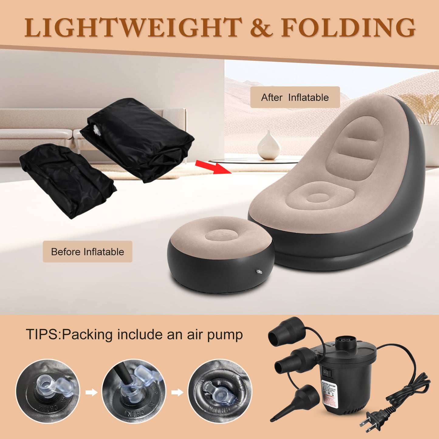 Portable Fast Inflatable Sofa Chair with Foot Stool & Air Pump, Folding Air Chair for Adults for Living Room, Room and Outdoor Camping Use,Coffee