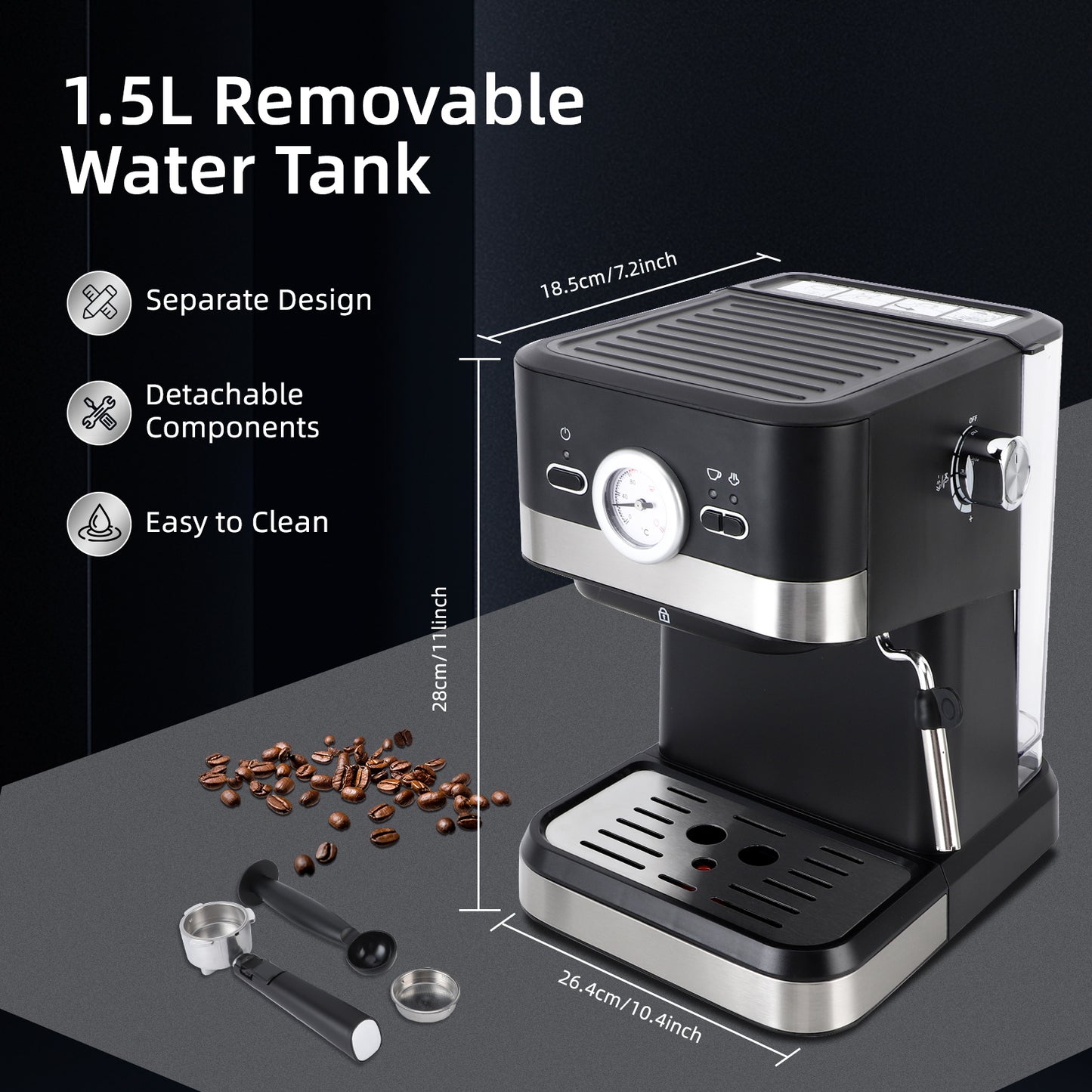 Espresso Machine 20 Bar, 1.5L Water Tank Pressure Gauge Milk Frother Steam, Stainless Steel Coffee Maker for Espresso, Latte, Mocha, Americano, 1050W, Black