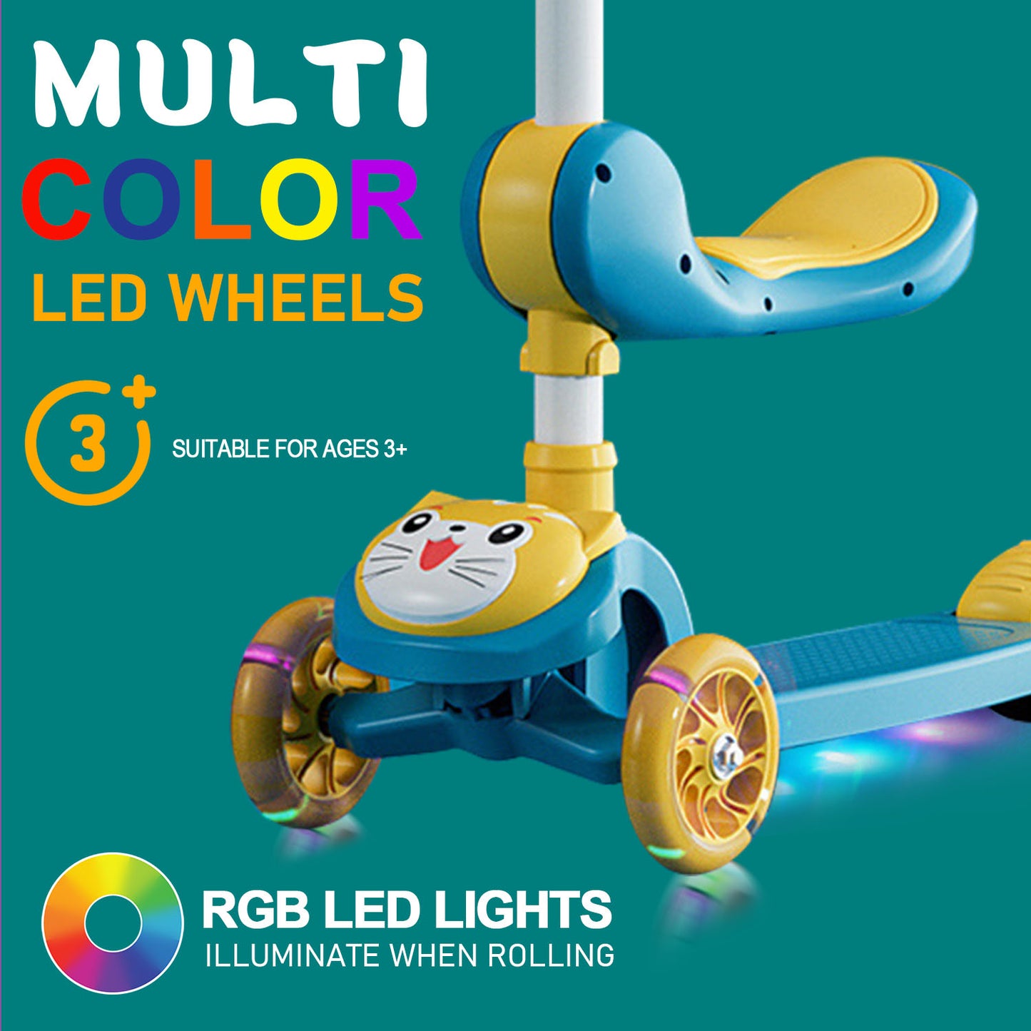 3 Wheel Scooter for Kids, Foldable Kids Kick Scooter with Light Up Wheels and Foldable Seat, Kids Scooter with Adjustable Height, Rear Brake and Music, Ride on Toys for for Girls Boys Kids 3 YO & up