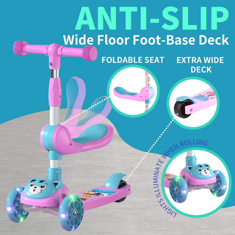 3 Wheel Scooter for Kids, Foldable Kids Kick Scooter with Adjustable Height and Light Up Wheels, Green Kids Scooter with Rear Brake and Music, Ride on Toys for for Girls Boys Kids Ages 3 and up