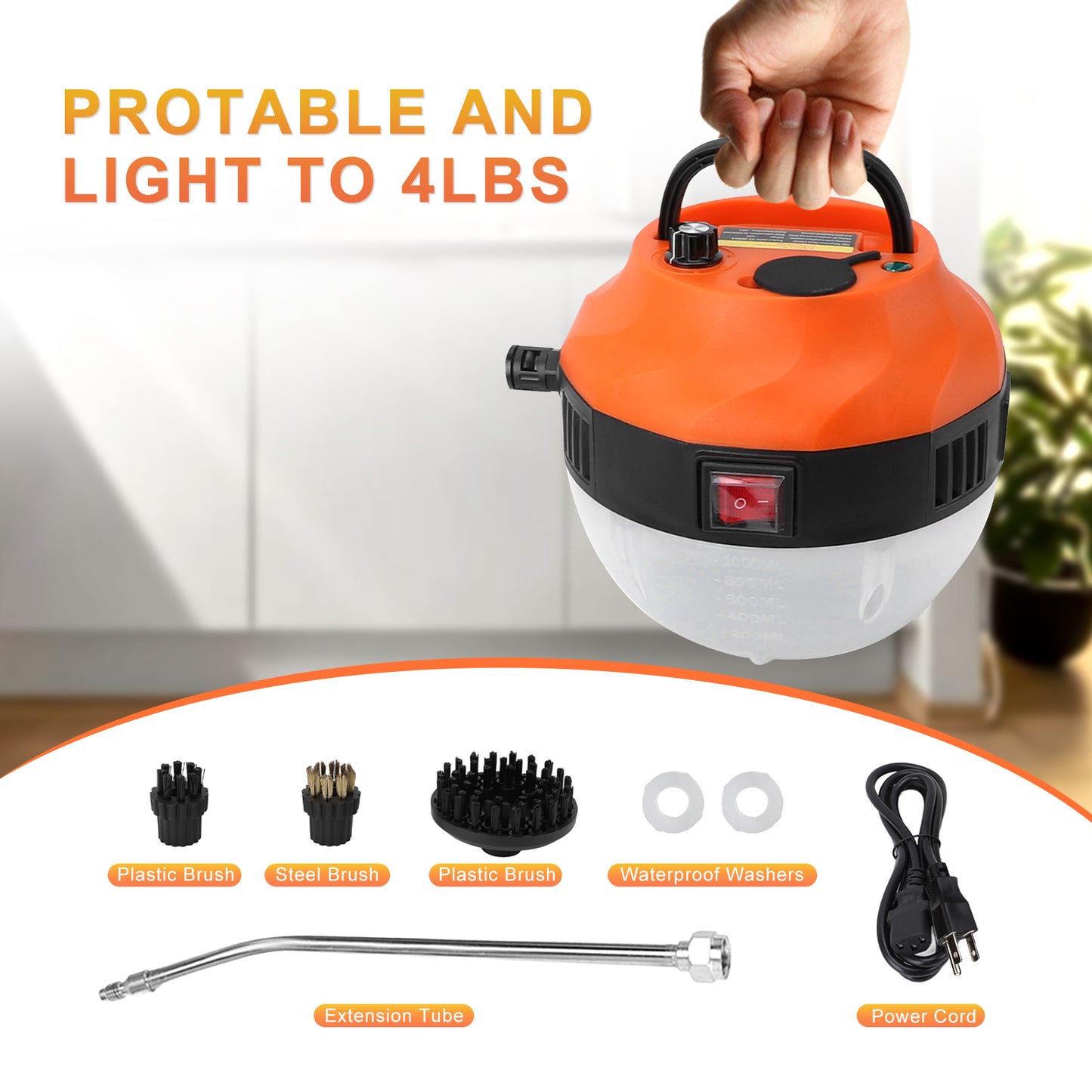 Portable Steam Cleaner 2500W High Temperature Pressurized Steam Cleaning Machine with Brush Heads for Kitchen Furniture Bathroom Car,Hard Floor Surface,Black+Orange