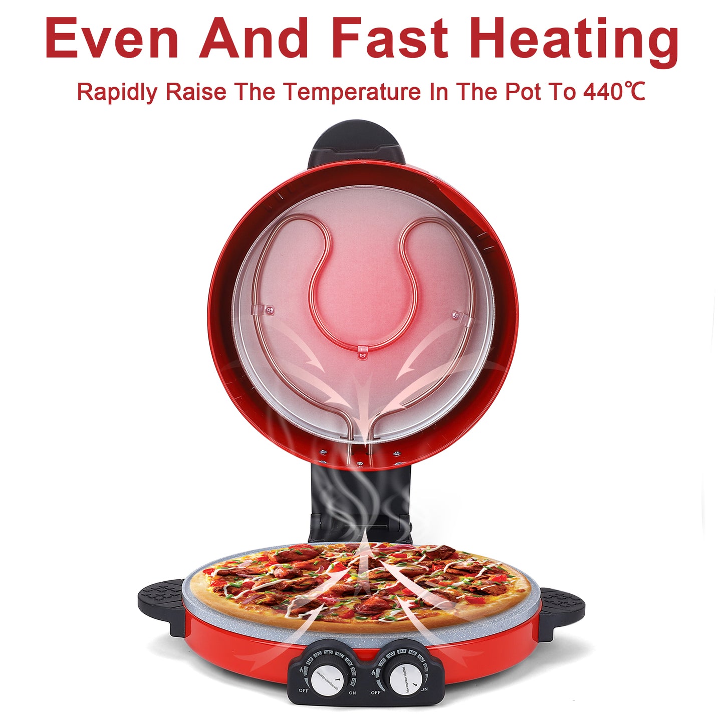 Pizza Oven 12" Visual Window Pizza Maker Machine 1800W Pizza Cooker For Kitchen Countertop Dual Temperature Control Up To 440 Degrees Celsius Red