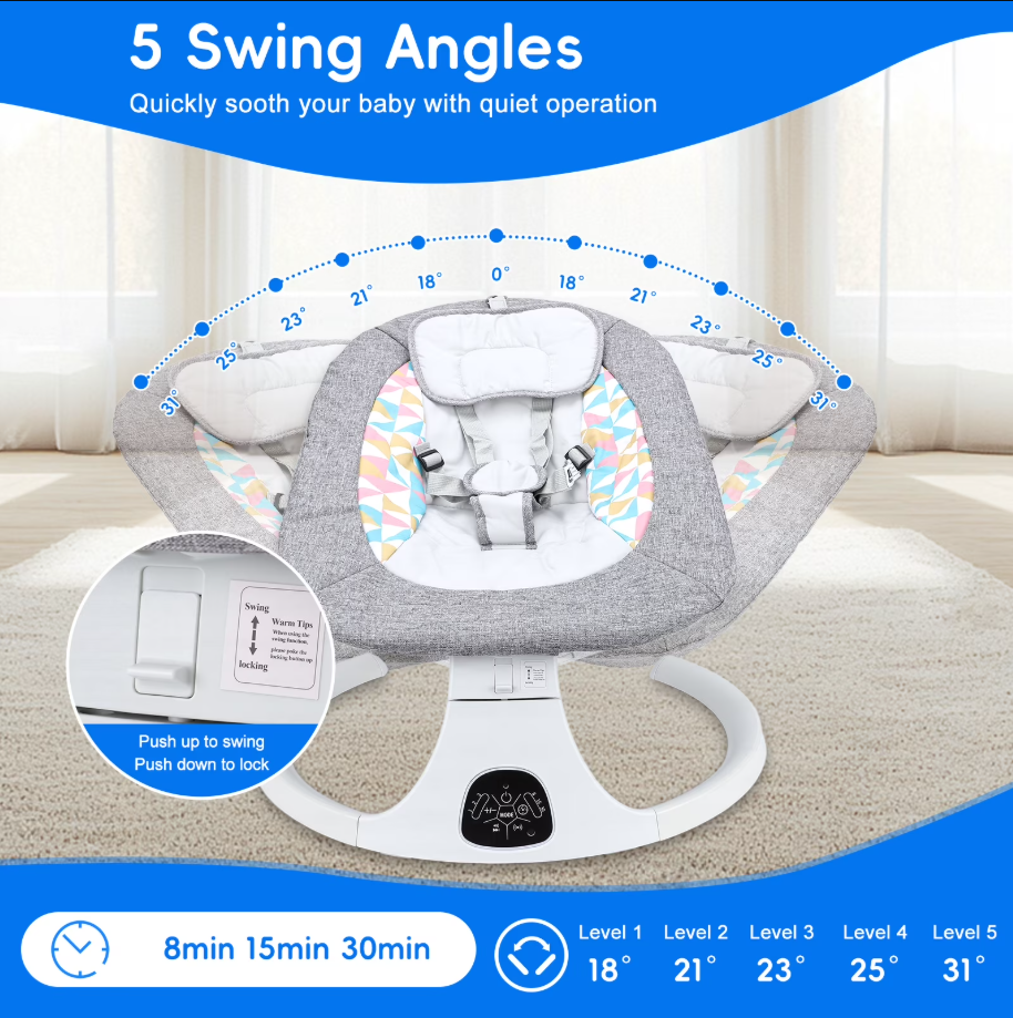 Baby Swing with Bluetooth Remote, 5-Speed Gentle Rocking, Portable Infant Swing for Newborn 0-12M up to 26lbs, Gray