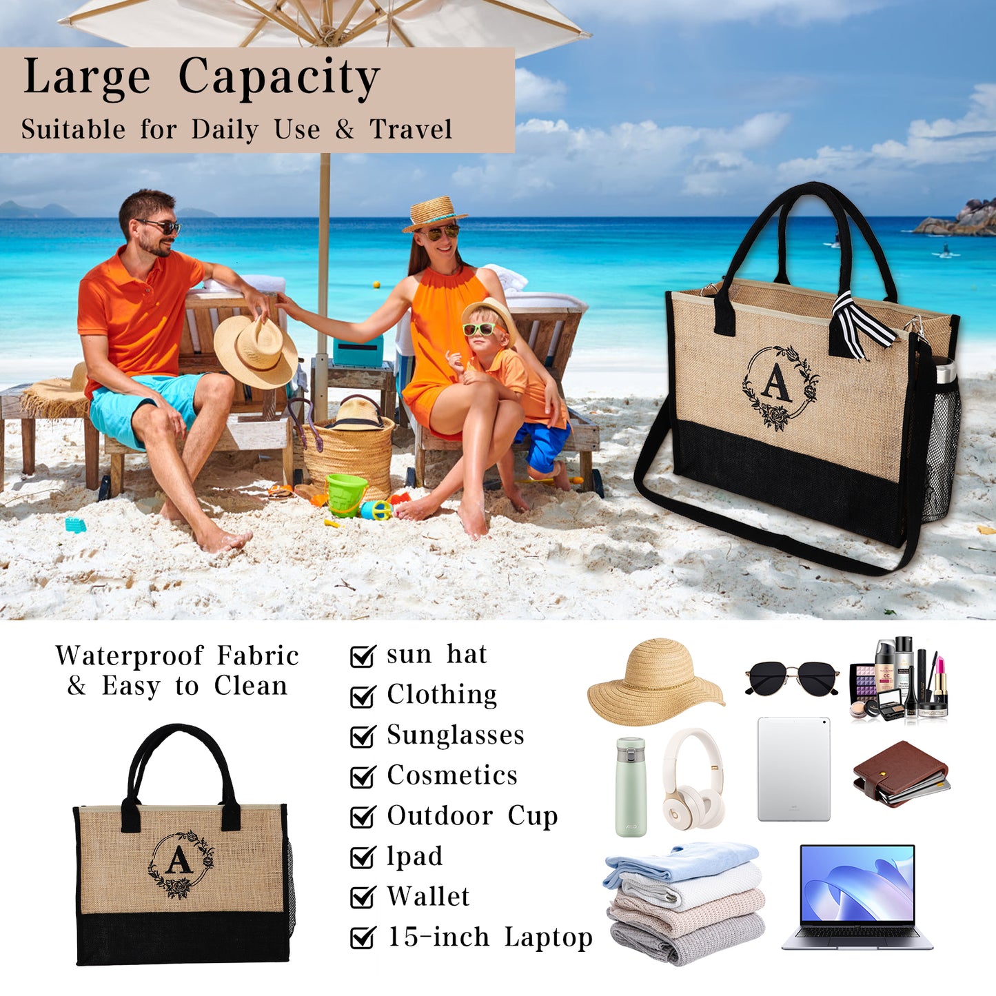 Initial Jute Tote Bag Set for Women, Makeup Bag with Pockets Adjustable Strap, Beach Tote Bag Travel Essential for Mothers Day Birthday Gifts