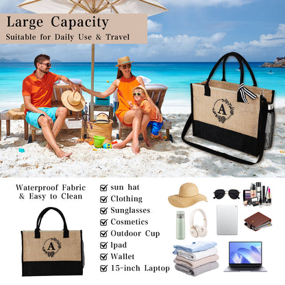 Initial Jute Tote Bag Set for Women, Makeup Bag with Pockets Adjustable Strap, Beach Tote Bag Travel Essential for Mothers Day Birthday Gifts