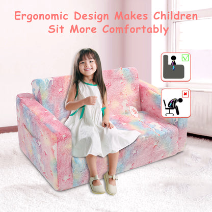 Toddler Couch, Toddler Chair Folding, Kids Couch 2 In 1, In The Dark Open Couch,Baby Convertible Sofa for Playroom Extra Wide Soft 2 Seats, Gifts For Kids, Sleeper For Girls Boys,Pink