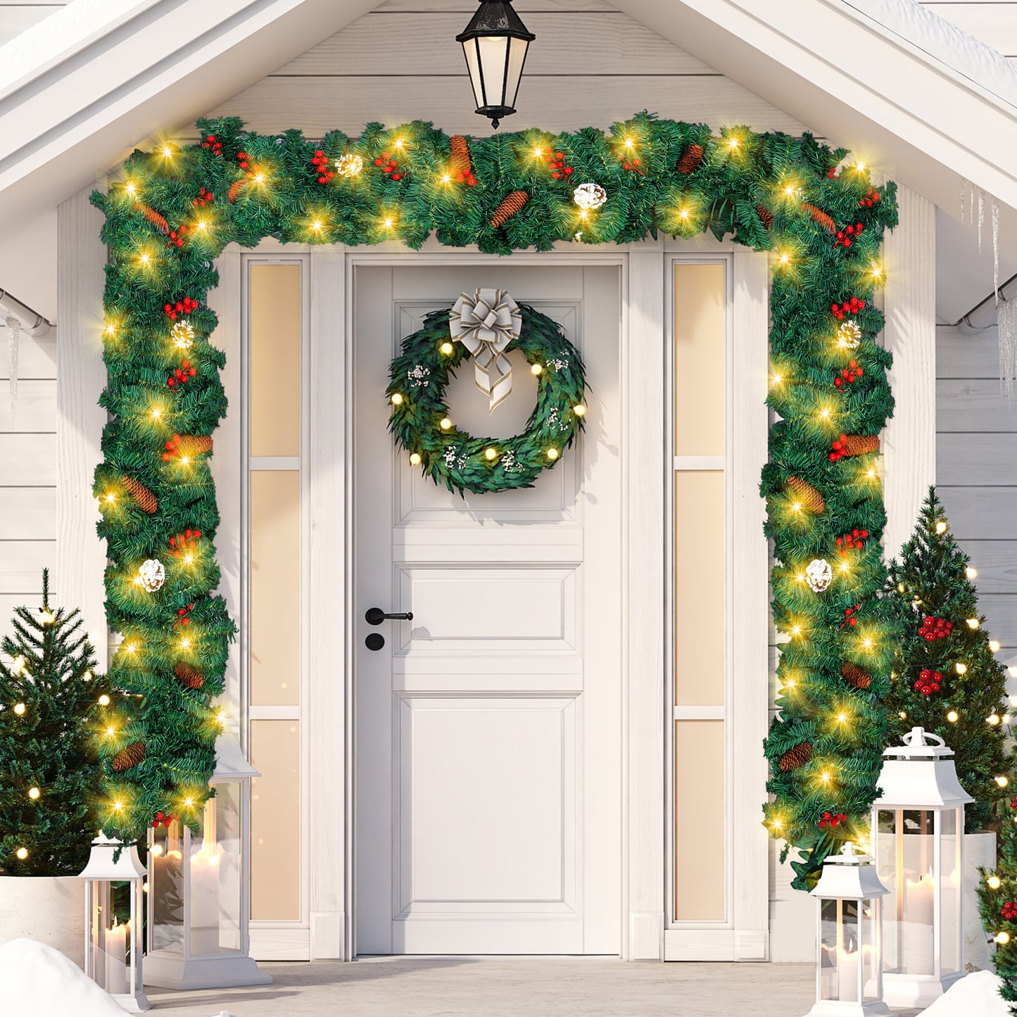 9FT Christmas Garland Decoration with 50 LED 8 Modes Lighting Effect Battery Operated,Pre-Lit Lighted Garland with Pine Cones Red Berries for Xmas Holiday Stairs Fireplaces Indoor Outdoor Decor