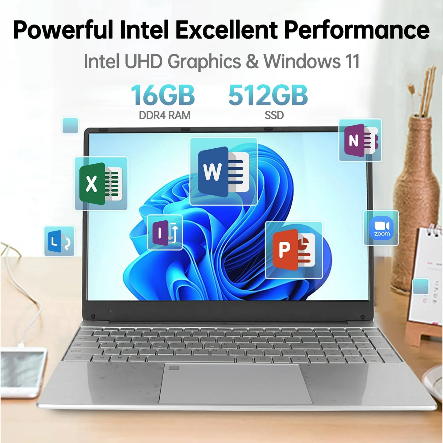15.6 inch Laptop 1920*1080 FHD IPS Display, 16GB DDR4 512GB SSD Windows 11 Computer Quad-Core Intel N5095 Processors, WiFi, Bluetooth, Fingerprint, Backlit Keyboard, 15.6" Lightweight Laptop, Silver