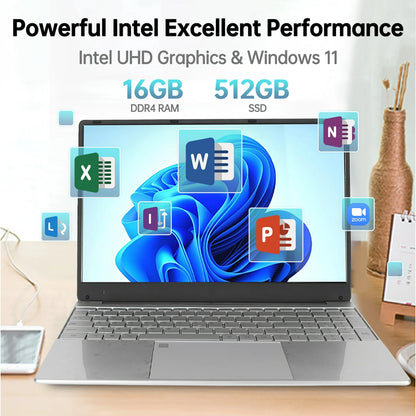 15.6 inch Laptop 1920*1080 FHD IPS Display, 16GB DDR4 512GB SSD Windows 11 Computer Quad-Core Intel N5095 Processors, WiFi, Bluetooth, Fingerprint, Backlit Keyboard, 15.6" Lightweight Laptop, Silver